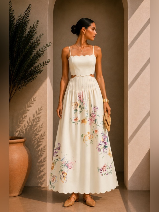 Commense Dresses & Skirts - Commense Cream Floral Scalloped Maxi Dress